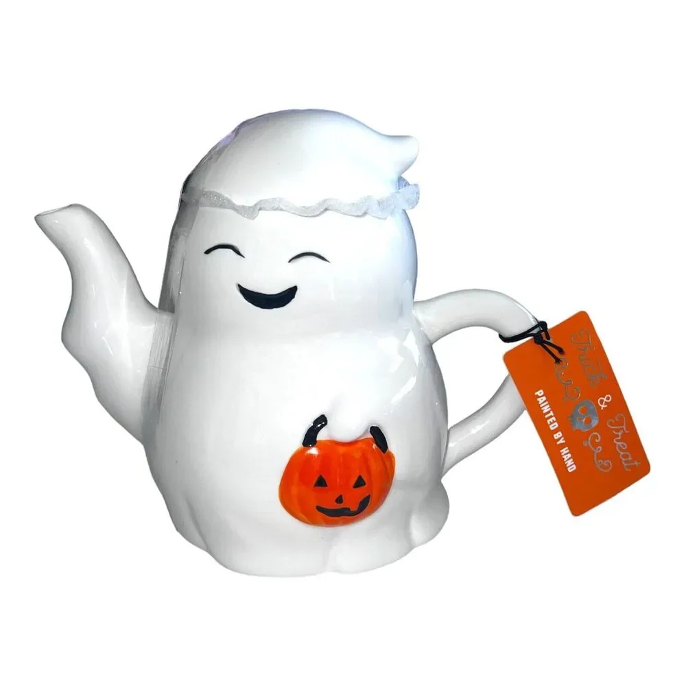 Trick & Treat Halloween Smiling Ghost W Pumpkin Ceramic Hand-painted Teapot NEW